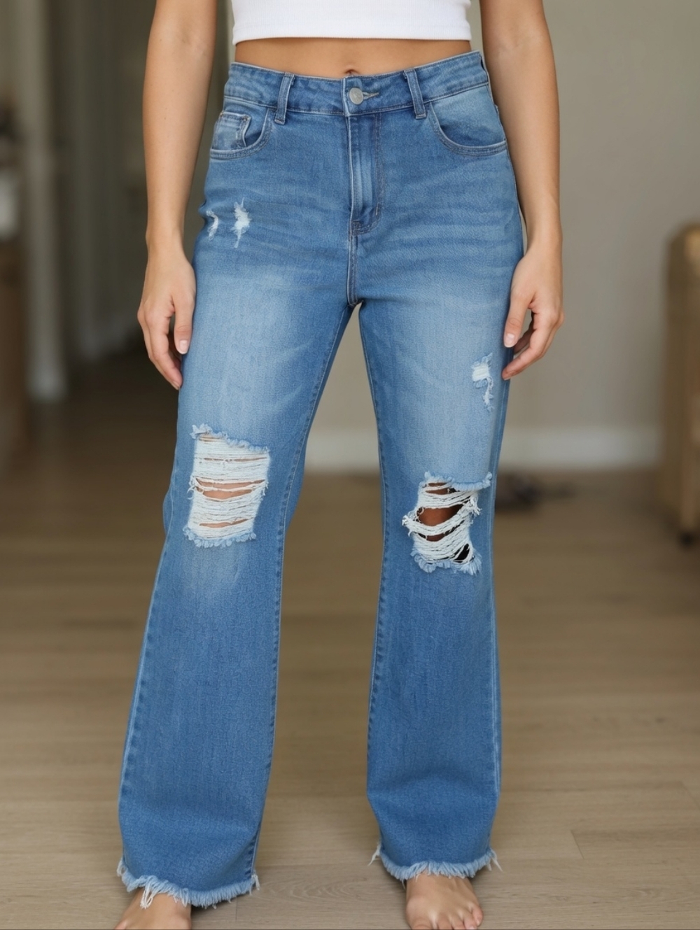 High-Rise Distressed Wide Leg Jeans - Light Blue